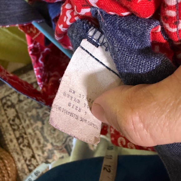 Vintage 1970s Blue & Red Handkerchief Print Lace Up Mini Dress. Size XS - Picture 4 of 8